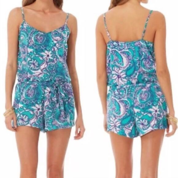 LILLY PULITZER Deanna Montauk Blue Teal White Paisley Printed Satin Romper Sz M - Picture 6 of 6